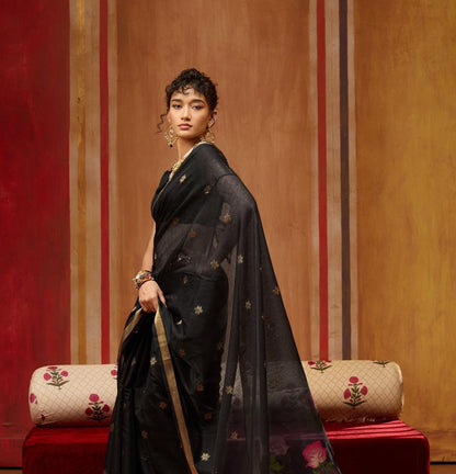 Black Cotton Readymade/Easy Saree