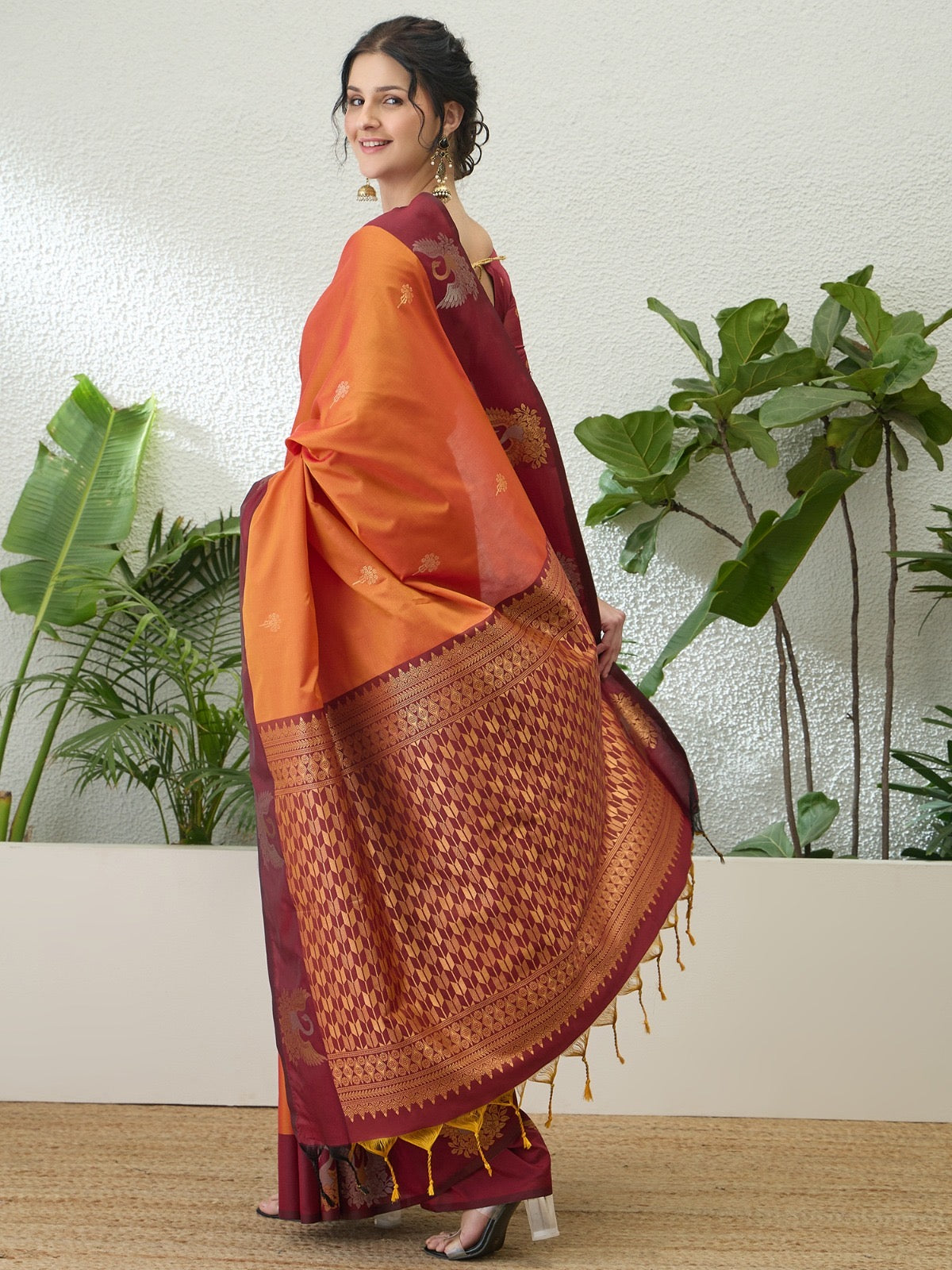 Saffron Orange Readymade/Easy Kanjivaram Saree - Panaash Saree