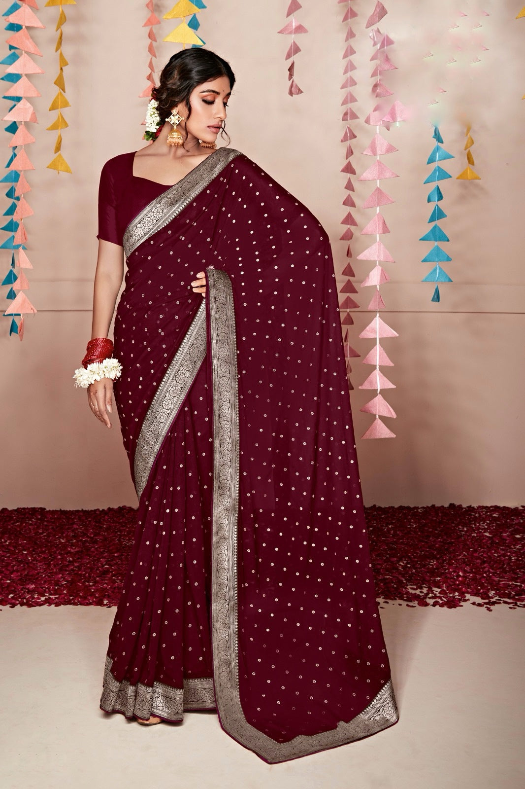 Plus Size Maroon Color Georgette Silk Readymade Saree