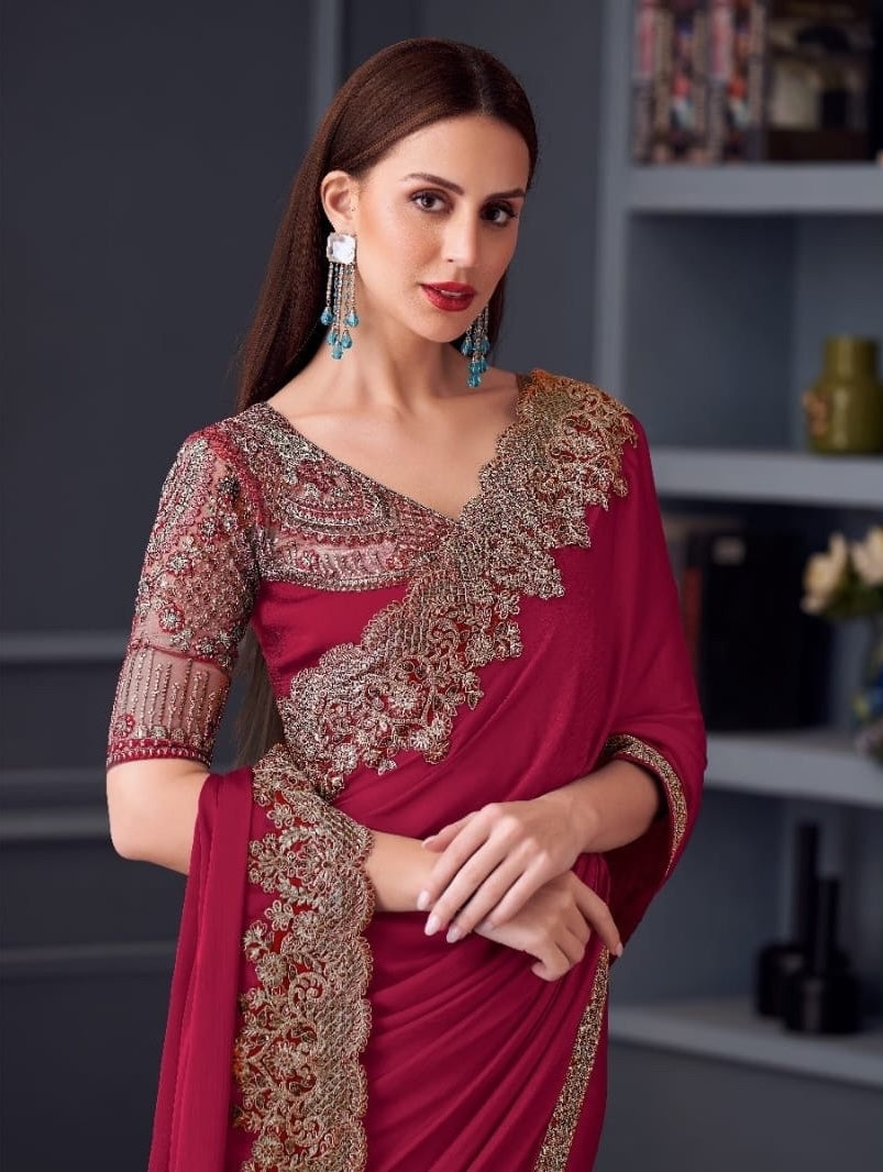 Maroon Cocktail Ready To Wear/Easy Saree by StylebyPanaash