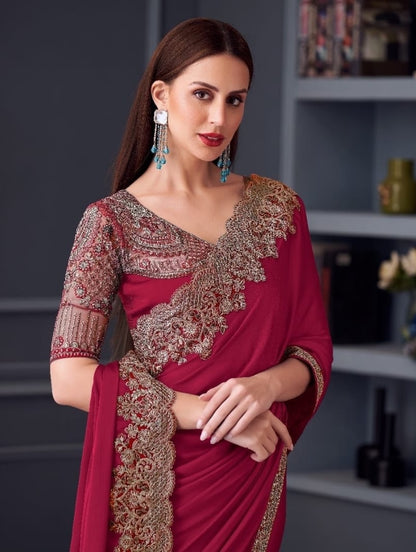 Maroon Cocktail Ready To Wear/Easy Saree by StylebyPanaash