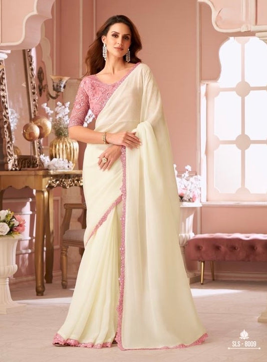 Off White Cocktail Readymade Saree With Designer Blouse