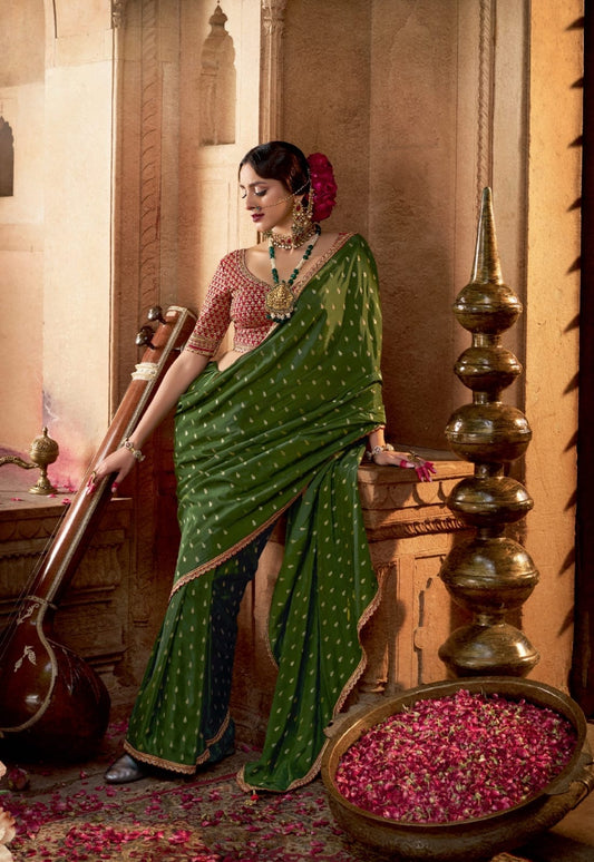 Green Soft Banarasi Silk Readymade/Easy Saree