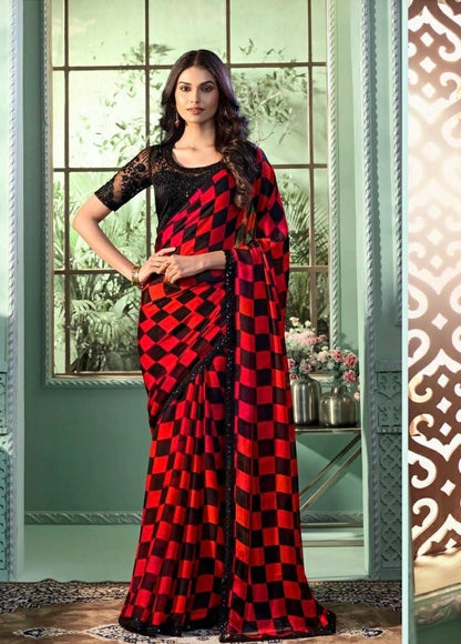 Red & Black Cocktail Readymade Saree