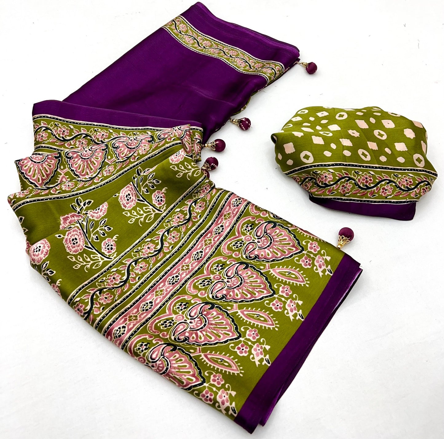 Purple & Olive Green Crepe Silk Readymade/Easy Saree