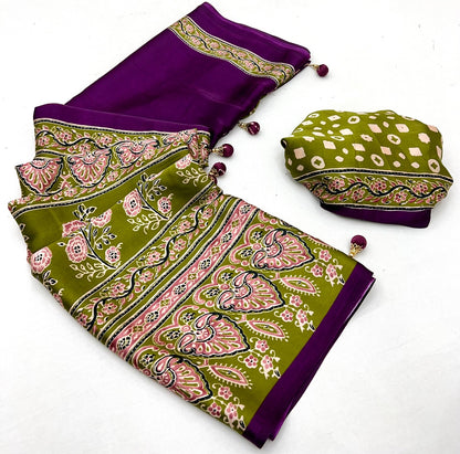 Purple & Olive Green Crepe Silk Readymade/Easy Saree