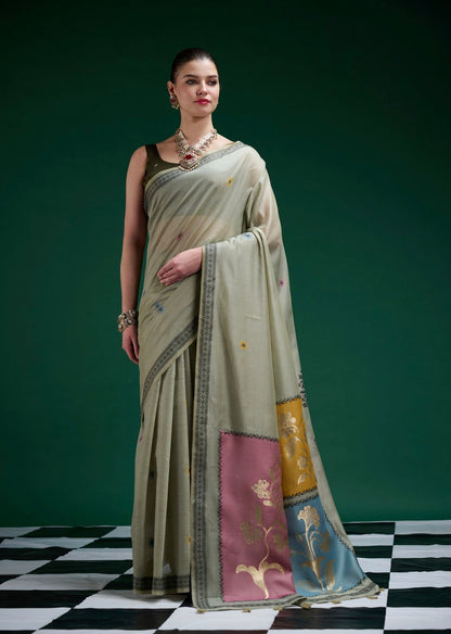 Sage Green Mul Cotton Ready To Wear/Easy Saree - Panaash Saree