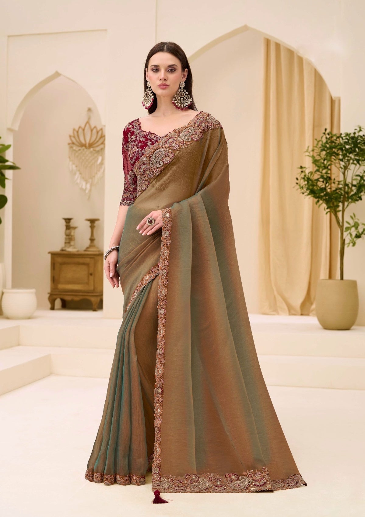 Olive Green Cocktail Party Wear Readymade Saree