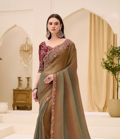 Olive Green Cocktail Party Wear Readymade Saree