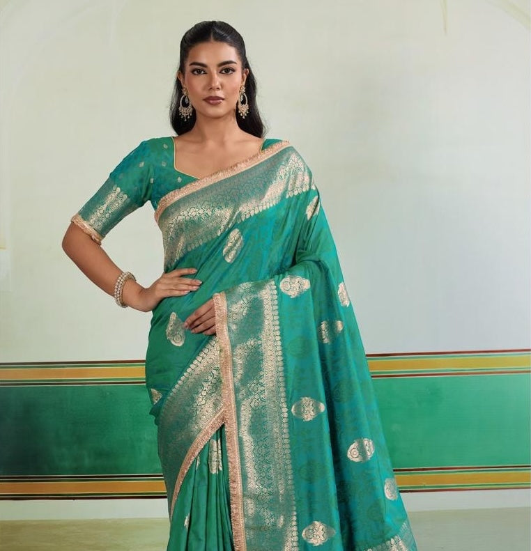 Emerald green Banarasi Silk Readymade/Easy Saree