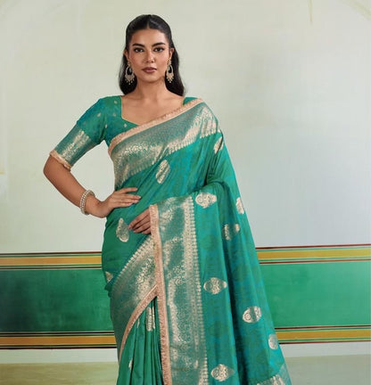 Emerald green Banarasi Silk Readymade/Easy Saree