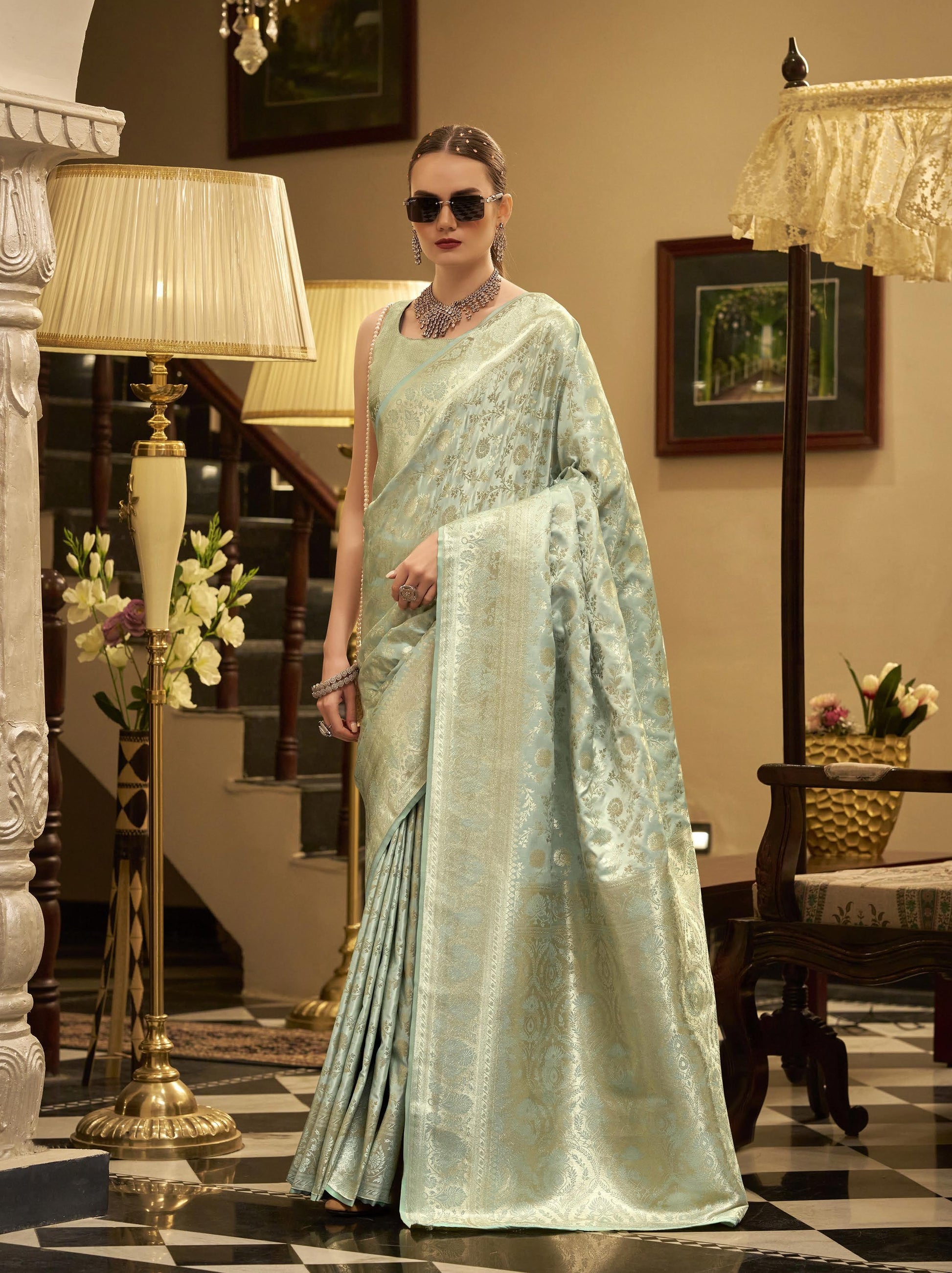 Mint Green Satin Silk Readymade/Easy Saree - Panaash Saree