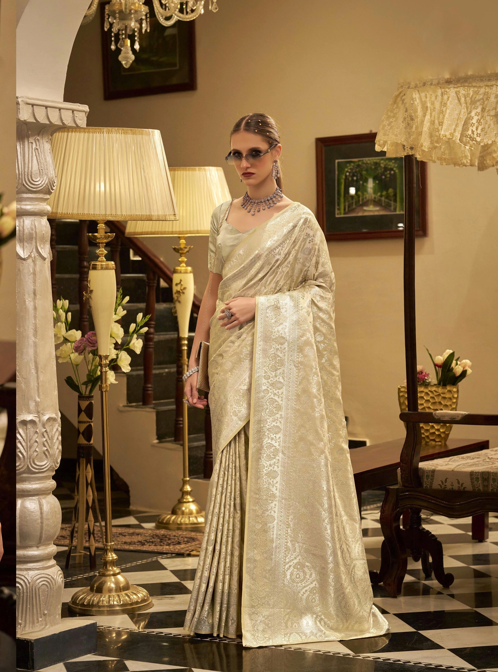 Ivory Satin Silk Readymade/Easy Saree - Panaash Saree