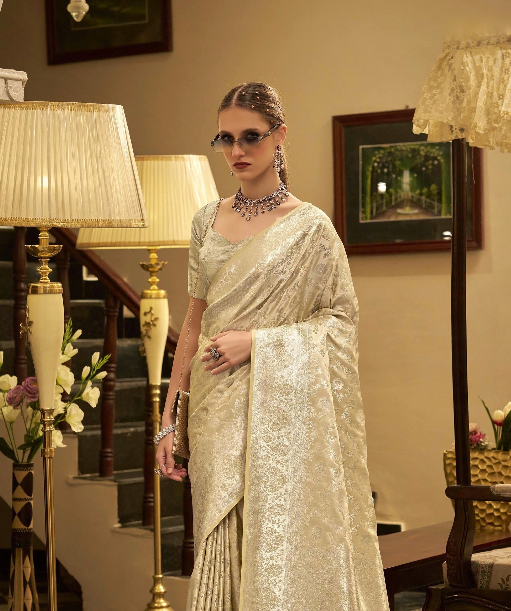 Ivory Satin Silk Readymade/Easy Saree - Panaash Saree