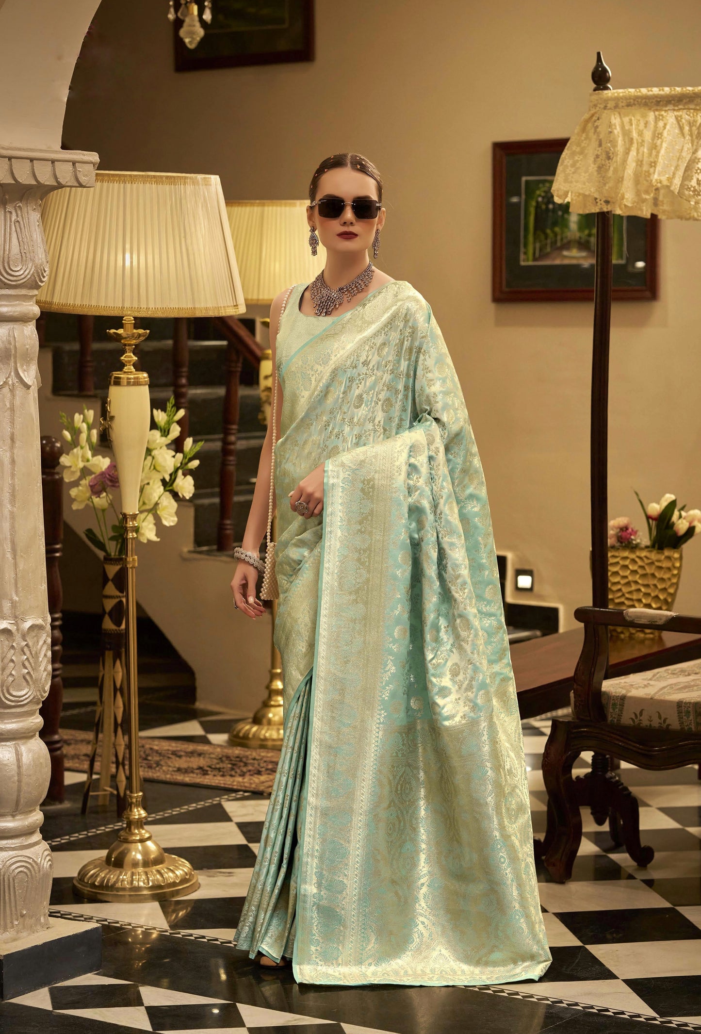 Pastel Blue Satin Silk Readymade/Easy Saree - Panaash Saree