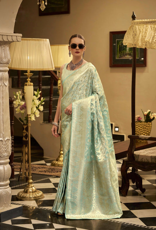 Pastel Blue Satin Silk Readymade/Easy Saree - Panaash Saree
