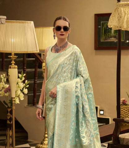 Pastel Blue Satin Silk Readymade/Easy Saree - Panaash Saree