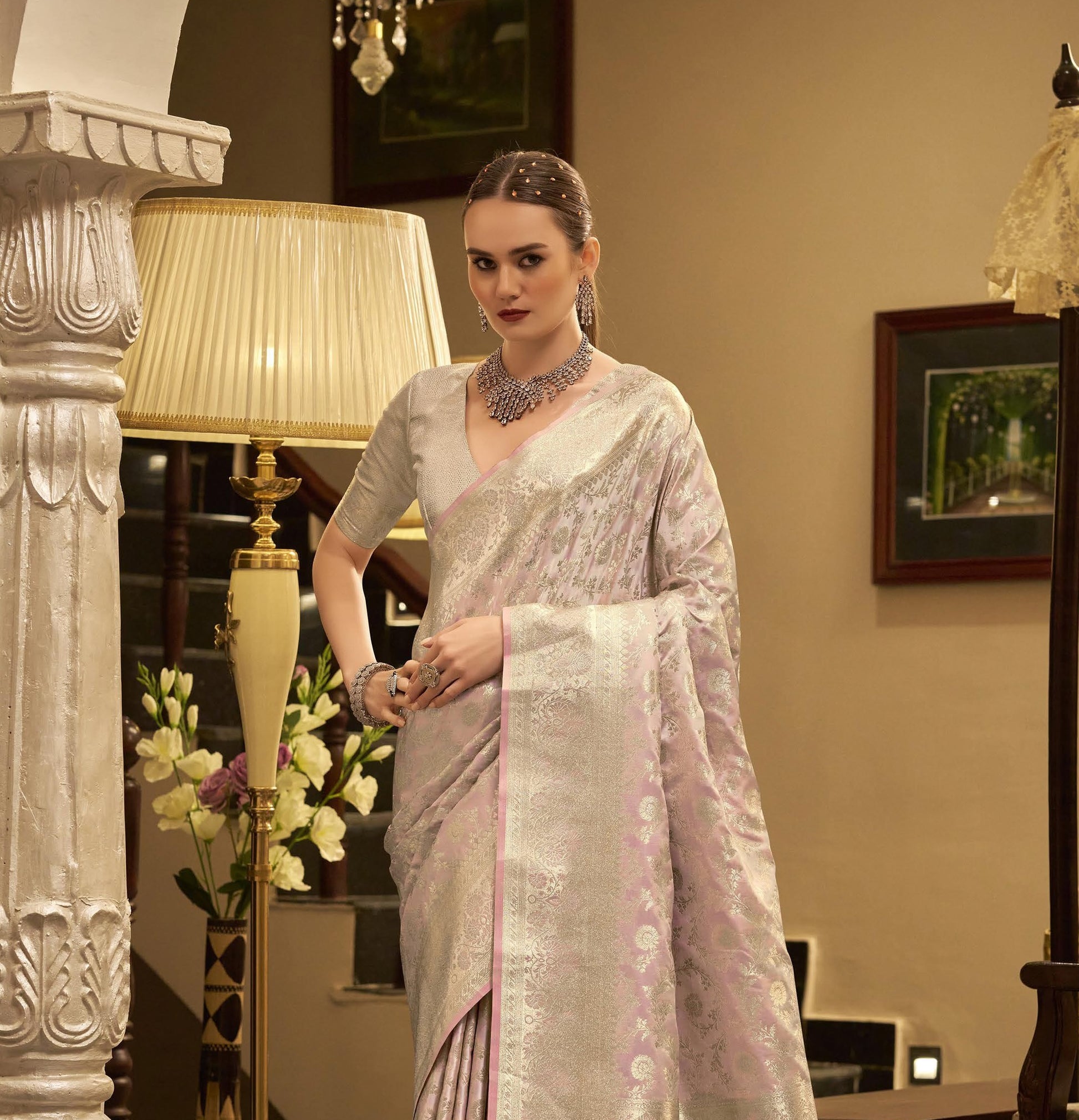 Dusty Pink Satin Silk Readymade/Easy Saree - Panaash Saree