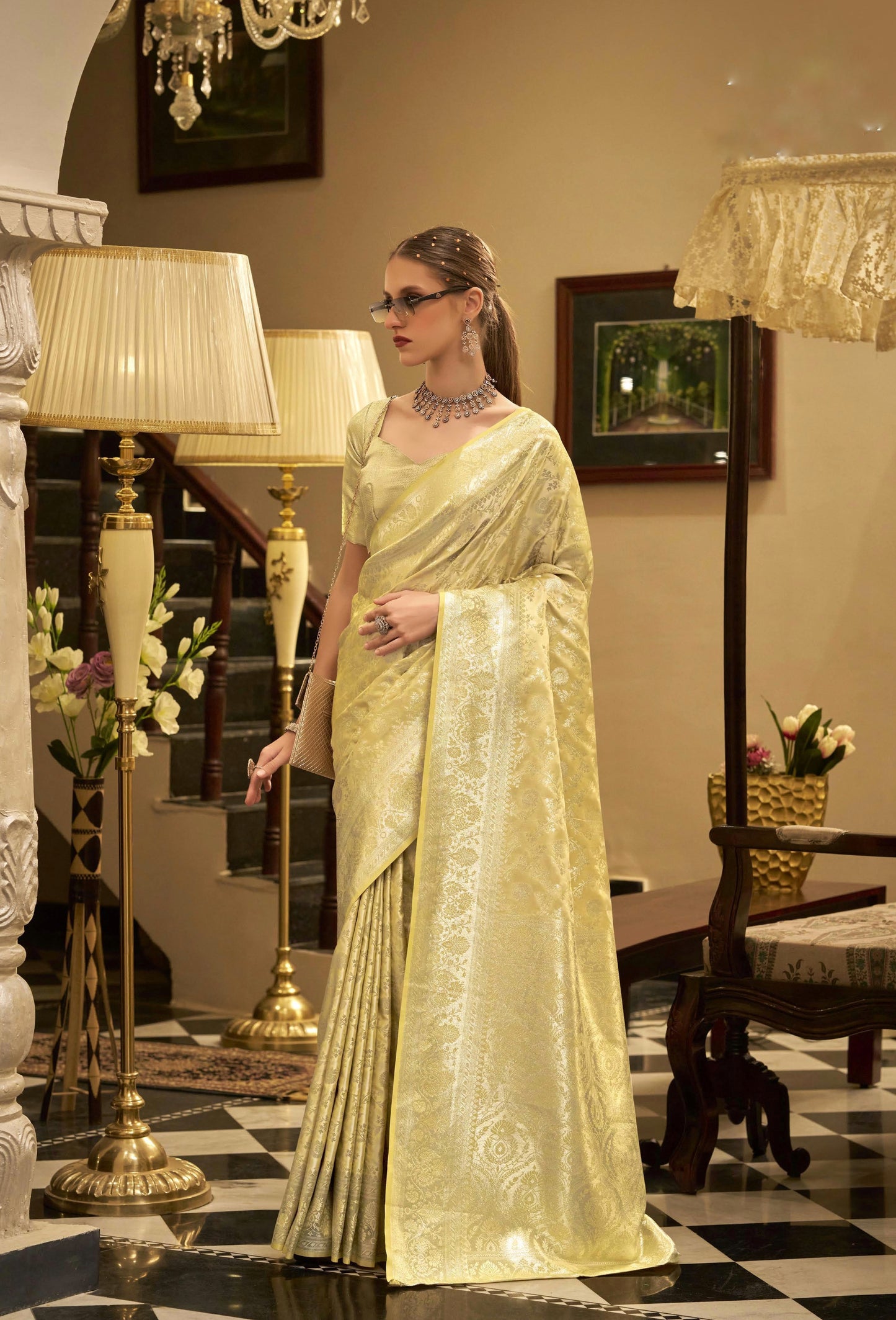 Champagne Gold Satin Silk Readymade/Easy Saree - Panaash Saree