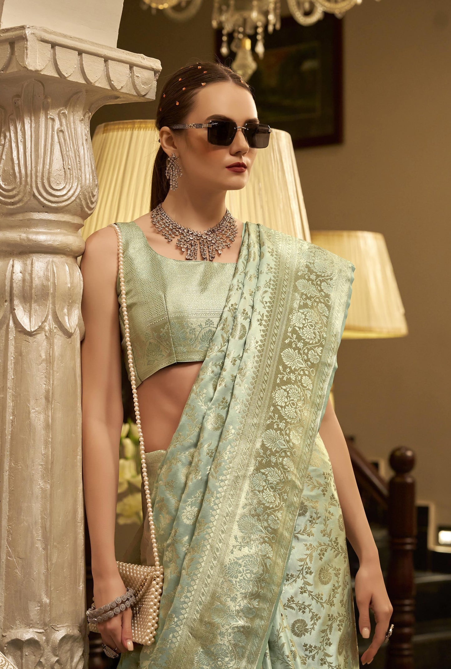Mint Green Satin Silk Readymade/Easy Saree - Panaash Saree