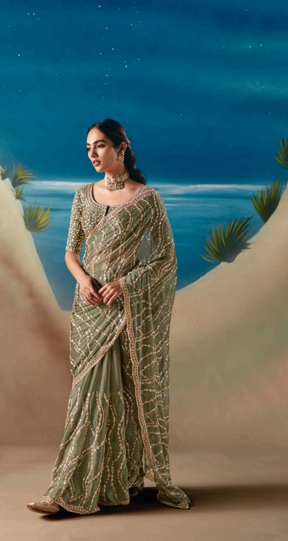 Olive Party Wear Readymade Saree