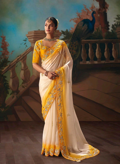 White and Mustard yellow Designer Silk Readymade/Easy Saree
