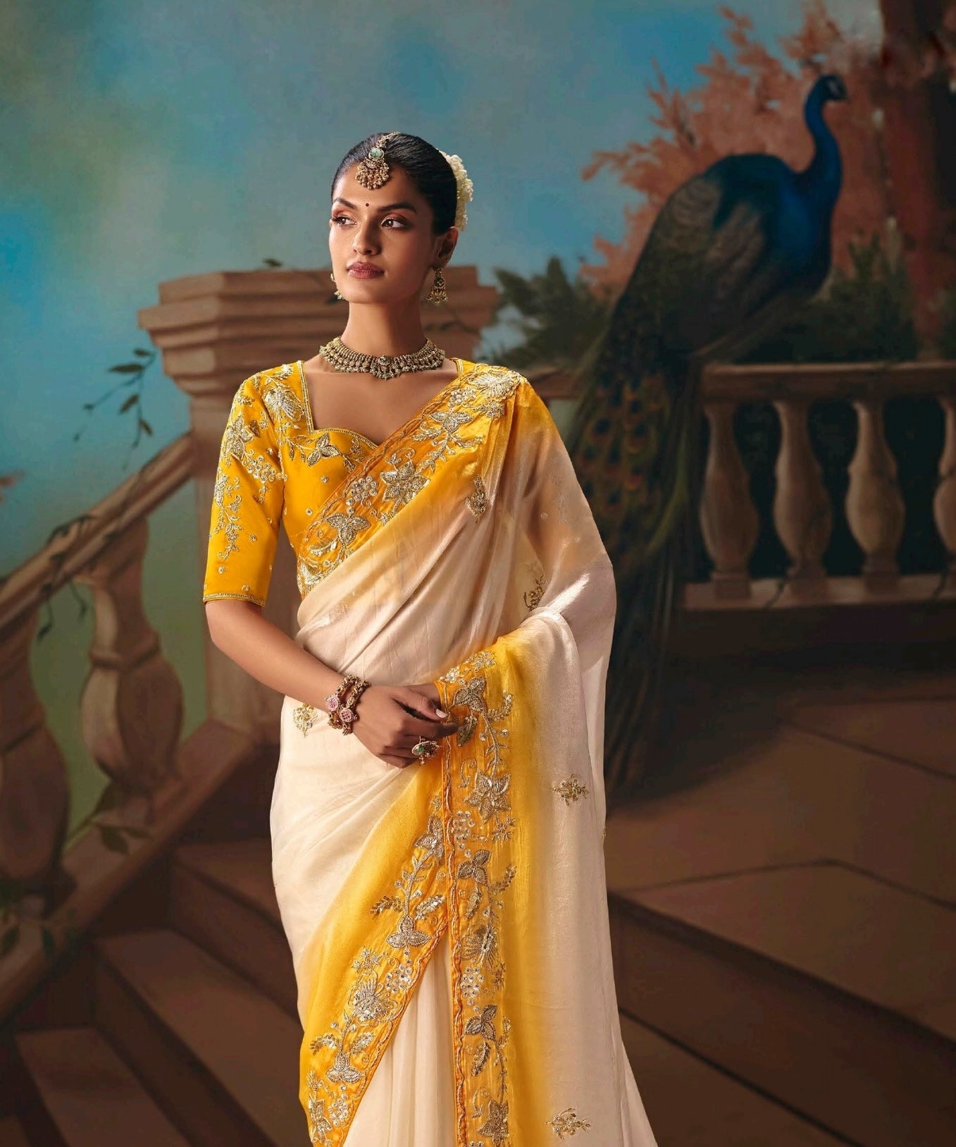 White and Mustard yellow Designer Silk Readymade/Easy Saree