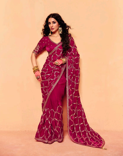 Wine Red Tissue Silk Readymade/Easy Saree - Panaash Saree