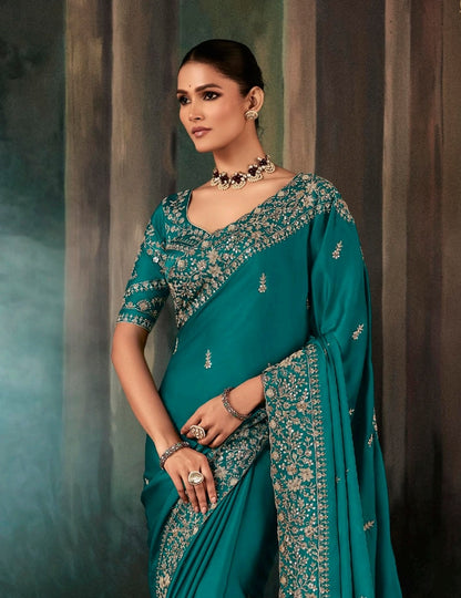 Teal Green Embroidery Silk Readymade/Easy Saree