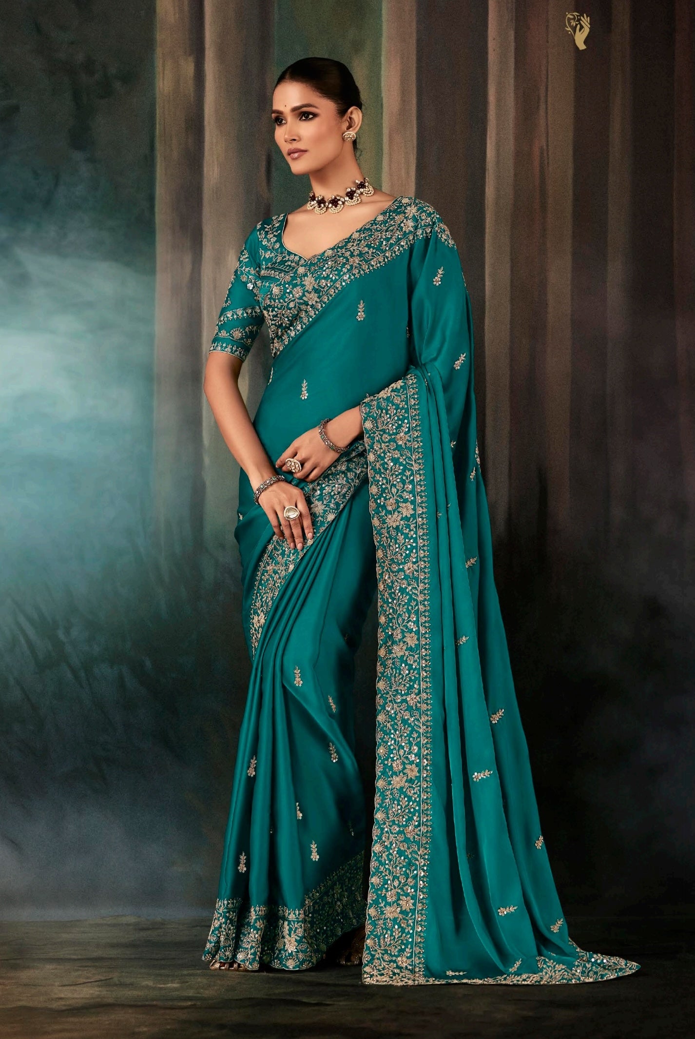 Teal Green Embroidery Silk Readymade/Easy Saree