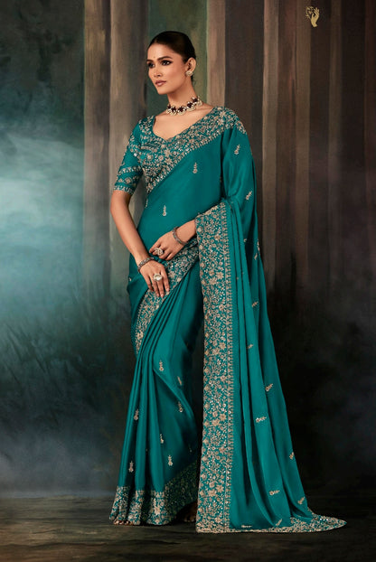 Teal Green Embroidery Silk Readymade/Easy Saree