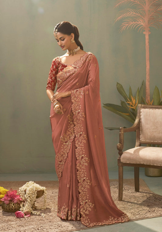 Dusty Rose Pink Designer Silk Readymade/Easy Saree