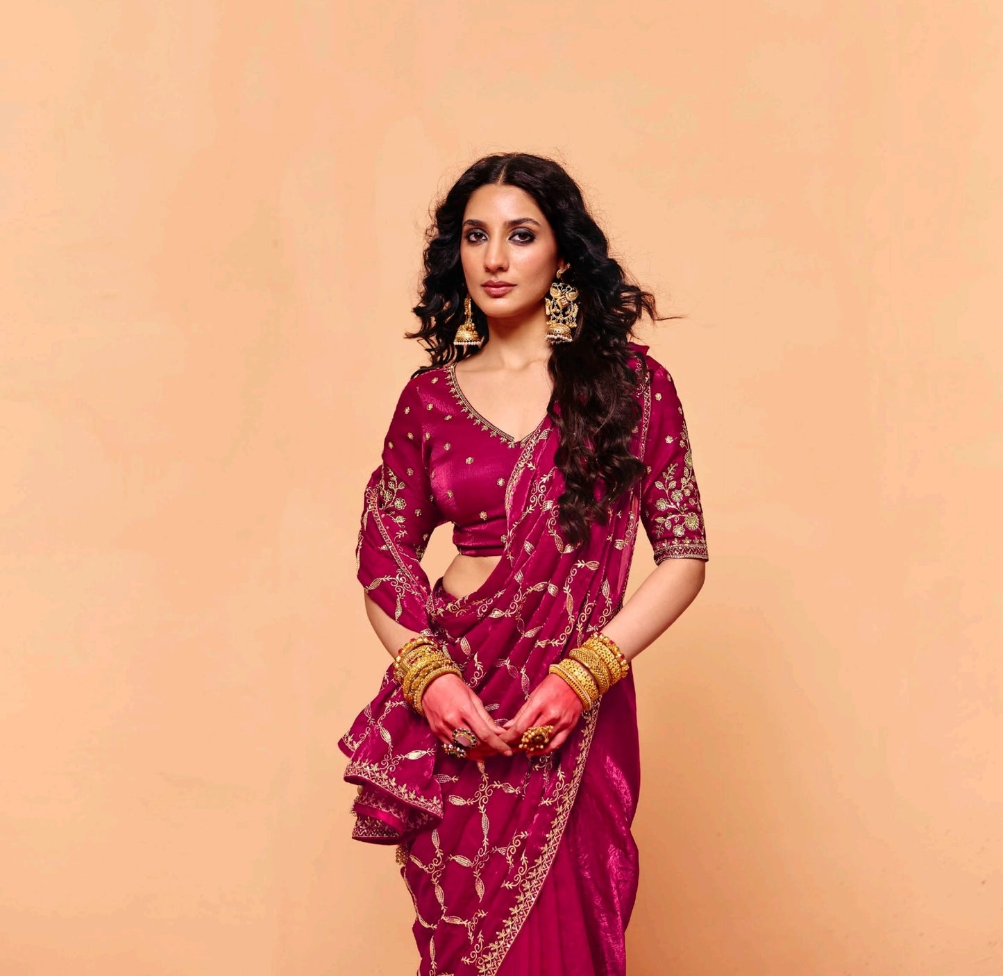 Wine Red Tissue Silk Readymade/Easy Saree - Panaash Saree