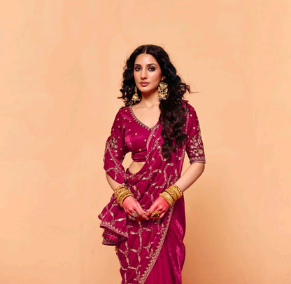 Wine Red Tissue Silk Readymade/Easy Saree - Panaash Saree