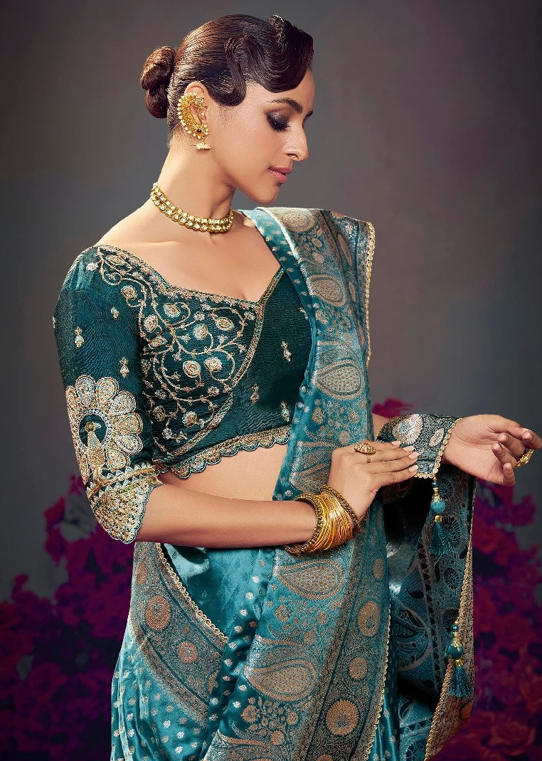 Blue Color Designer Kanjivaram Readymade/Easy Saree