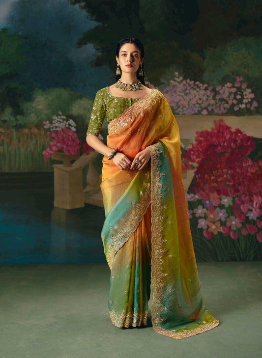 Multicolor Embroidery Silk Readymade/Easy Saree