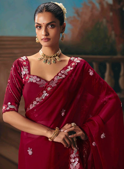 Maroon Designer Silk Readymade/Easy Saree