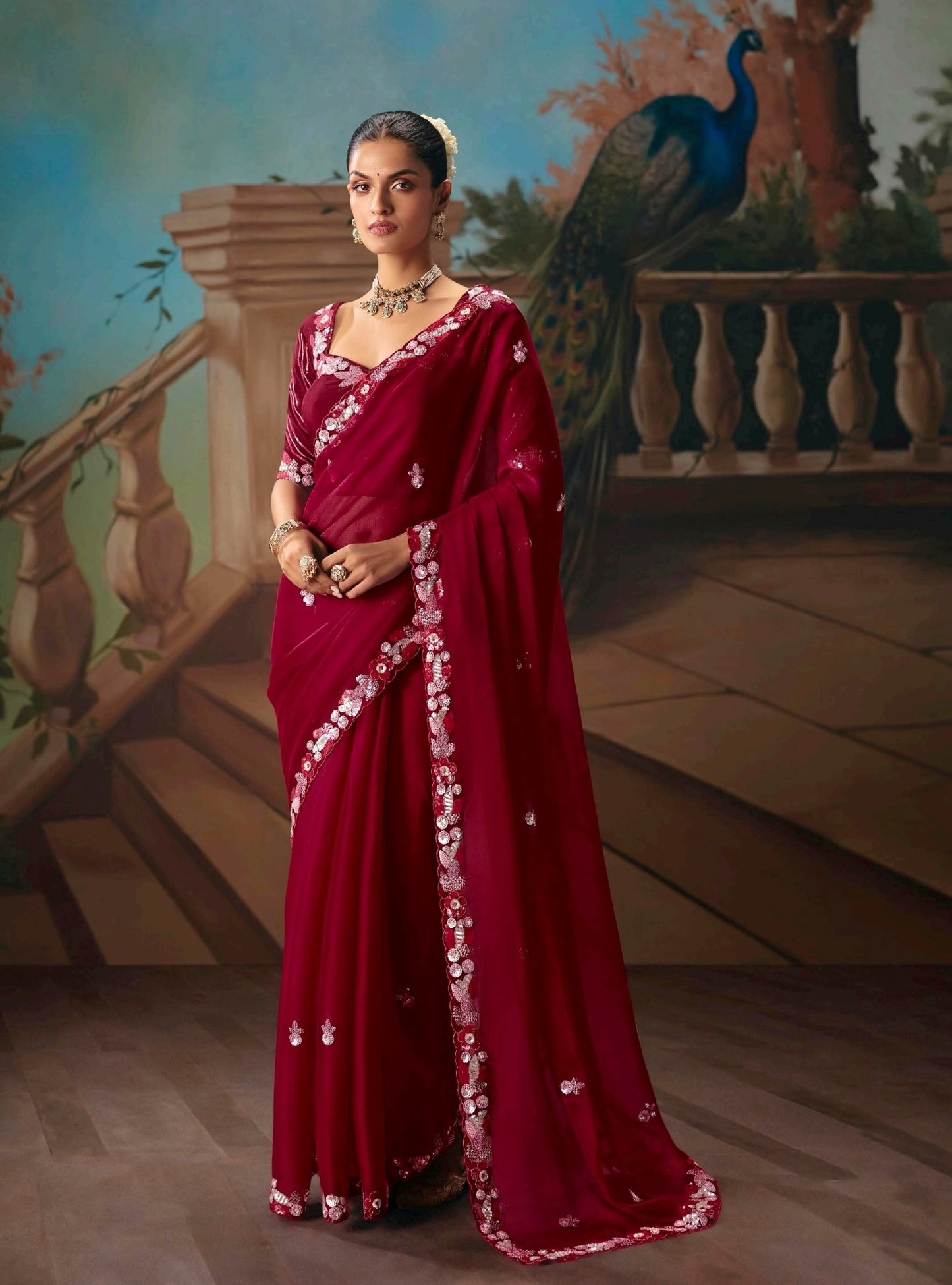 Maroon Designer Silk Readymade/Easy Saree