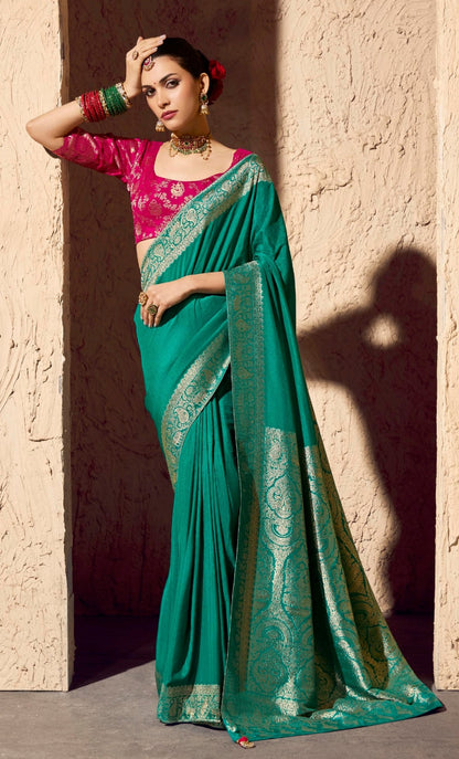 Sea Green Designer Silk Readymade/Easy Saree