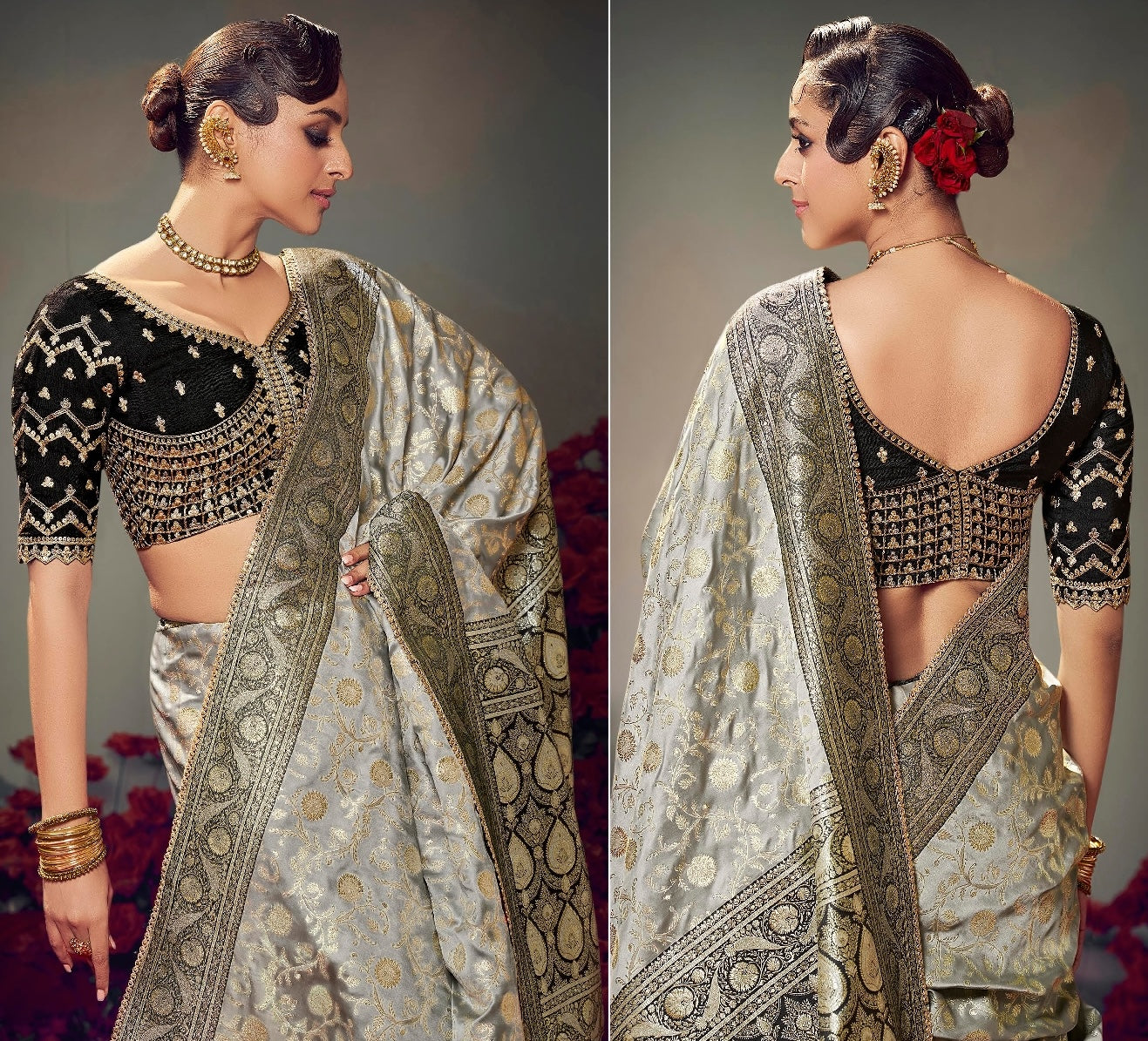 Grey Color Designer Kanjivaram Readymade/Easy Saree