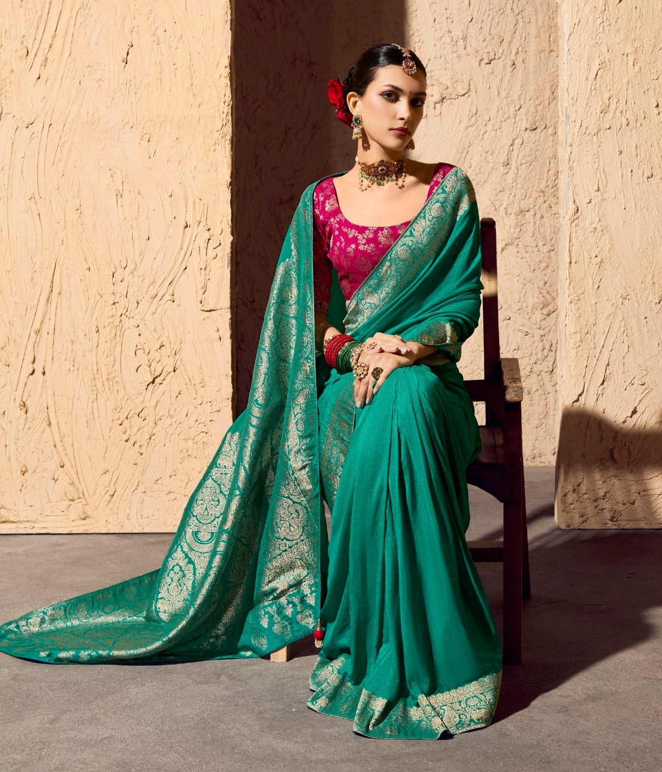 Sea Green Designer Silk Readymade/Easy Saree