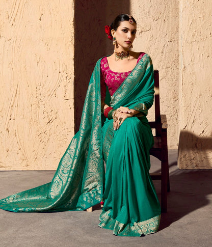 Sea Green Designer Silk Readymade/Easy Saree