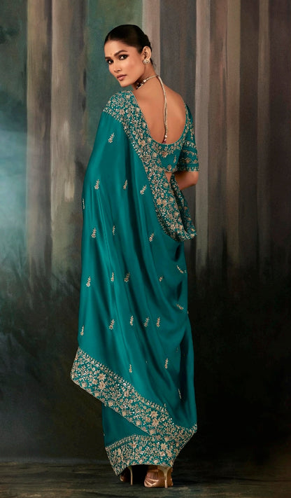 Teal Green Embroidery Silk Readymade/Easy Saree