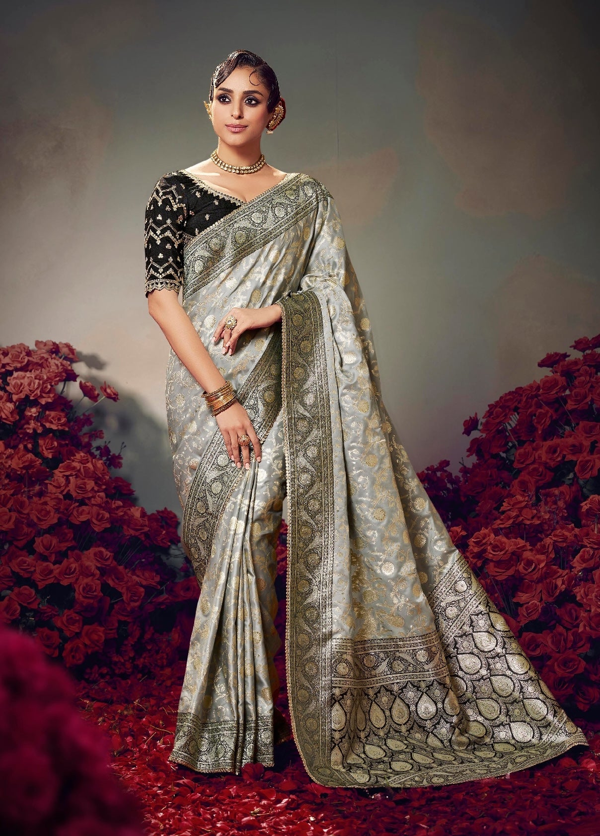 Grey Color Designer Kanjivaram Readymade/Easy Saree