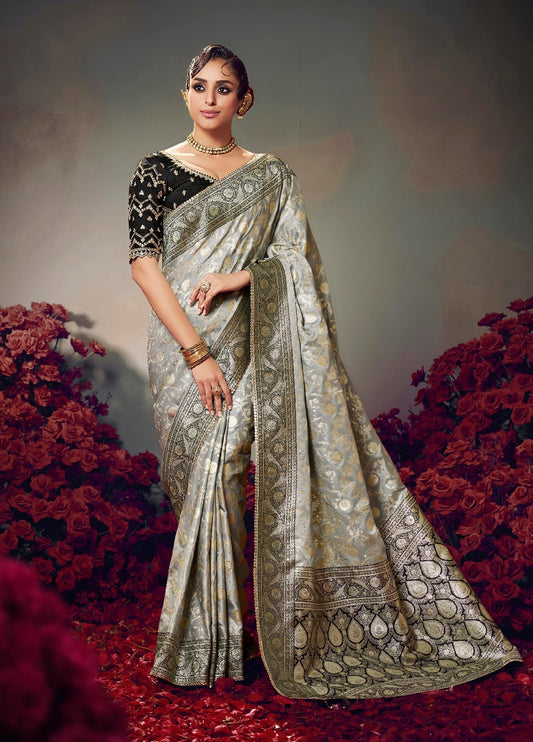 Grey Color Designer Kanjivaram Readymade/Easy Saree