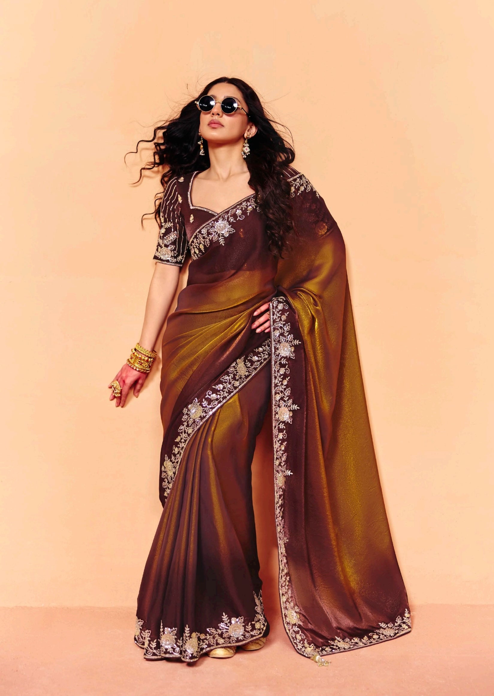 Coffee Brown Tissue Silk Readymade/Easy Saree - Panaash Saree