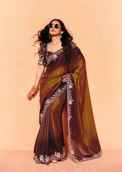 Coffee Brown Tissue Silk Readymade/Easy Saree - Panaash Saree