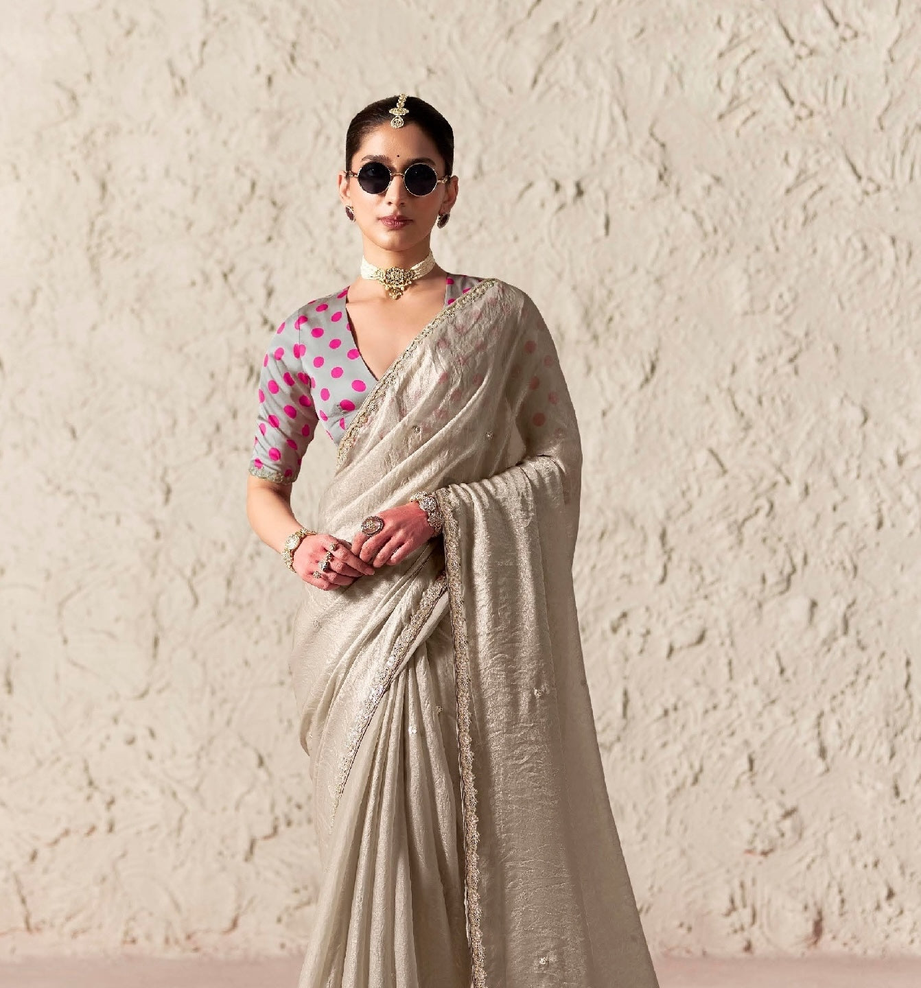 Beige Fancy Tissue Silk Ready to wear/Easy Saree - Panaash Saree