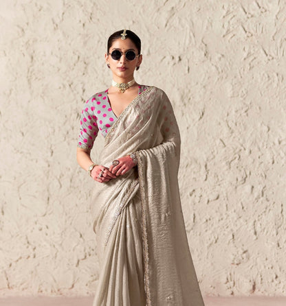 Beige Fancy Tissue Silk Ready to wear/Easy Saree - Panaash Saree