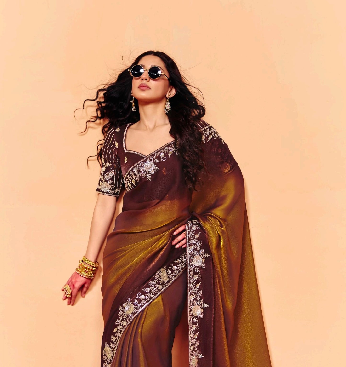 Coffee Brown Tissue Silk Readymade/Easy Saree - Panaash Saree